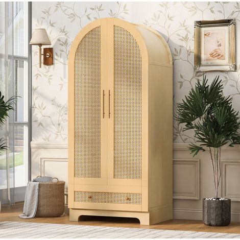 Armoire dressing 2 portes avec 2 tiroirs, meuble de rangement chambre en bois clair et résine tressée, penderie compacte 70x55x170 cm - CHICFURN (1/5)
