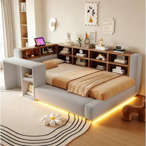 Lit rembourré 90 x 200 cm gris clair avec coffre, LED, prises et chevet latéral (1/5)