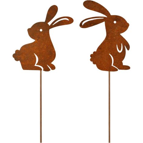 2 Pièces Piquet de jardin, Lapin en métal rouillé, Décoration murale, Style rustique, Pour terrasse, balcon, jardin