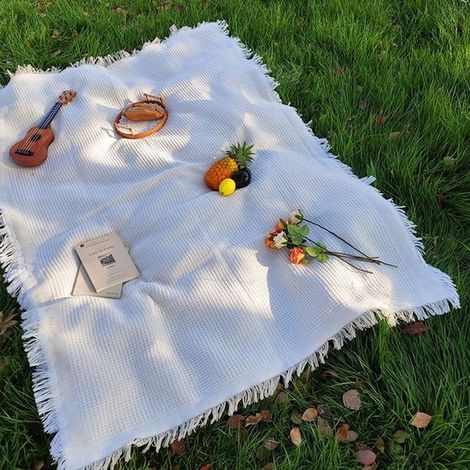 Couverture de pique-nique 180x180cm, pour 5 à 7 adultes, tapis d'extérieur pour camping, parc et pelouse (crème) (1/4)