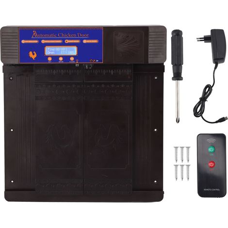 Ouvre-porte automatique pour poulailler avec minuterie programmable, capteur de lumière, écran LED, résistant aux intempéries, prise européenne marron foncé (100-240 V). (1/5)