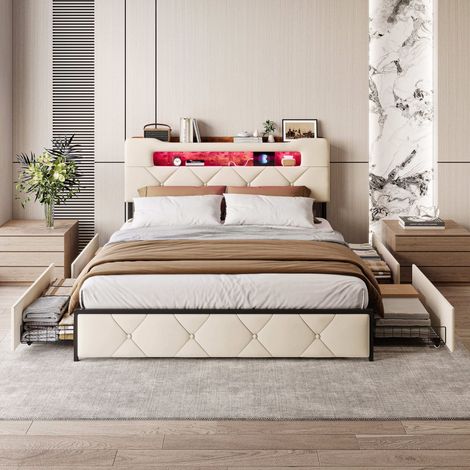 Lit 140 x 200 avec sommier, lits et cadre de lit pour adulte, lit LED avec 4 tiroirs, port USB, tête de lit Rangement, Velours Beige