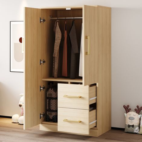 Kleiderschrank 70 x 40 x 135 cm mit 2 Schubladen und Stauraum, Doppeltür, weiß und Holz HAVRYA (1/5)