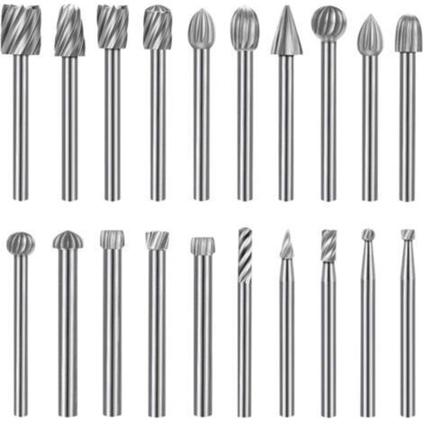 20 Pcs Fraises Rotatives,Jeu de Fraises en Carbure,HSS Burrs Rotatives Embouts Compatible avec Dremel,Tige 1/8''(3mm) Outil Rotatif Pour Meuleuse Travail du Bois, Polissage Métal, Gravure, Perçage (1/4)
