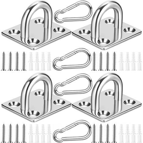 4-Piece Stainless Steel M5 304 Eyelet Plate and 4 Ceiling Hooks, Hook Loop for Marine Equipment with Screws and Anchors (1/5)
