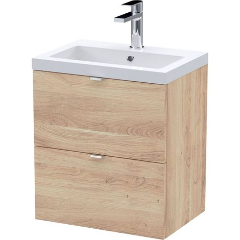 Alrewas Contemporary 2 Drawer Wall Hung Vanity Unit with Basin, Bleached Oak, 500mm (1/4)