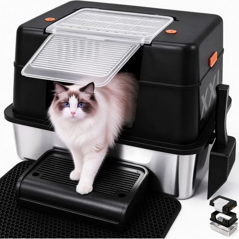 Bac à Litière pour Chat INOX XXL 4 en 1 - 60x40x40cm - avec Couvercle Amovible, Marche avec Bac Récupérateur de Litière, Tapis de Litière et Pelle Inclus, Bords Hauts Anti-Éclaboussures, Étanche & Réd (1/5)
