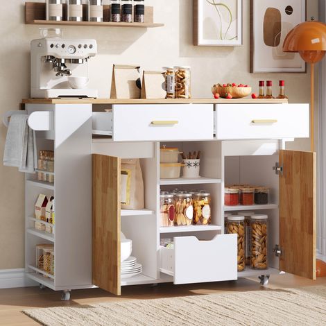 Carrello cucina 120x71x90 cm, piano ribaltabile, 3 cassetti, scaffale porta spezie, MDF bianco (1/5)