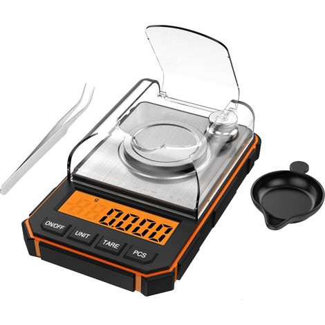 Balance de précision 0,001 g, 50 g/0,001 g, balance numérique milligramme, balance de précision, avec écran LCD, poids d'étalonnage et pincettes, pour poêles berceuses (orange) (1/5)