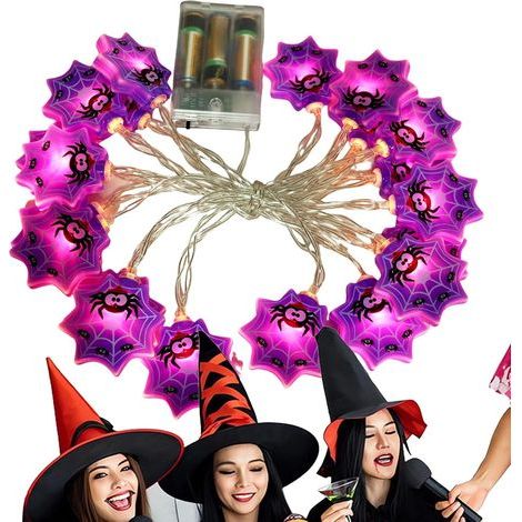 Guirlande lumineuse LED en toile d'araignée d'Halloween violette, 3 mètres, 20 lumières, modèle à piles, lumières décoratives à thème effrayant pour les fêtes d'Halloween, piles non incluses (1/5)