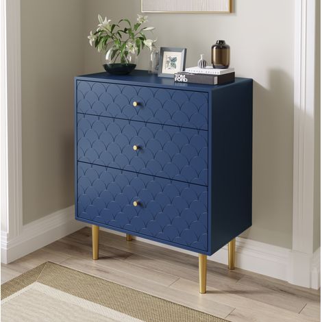 MODFU – Commode 3 tiroirs 75x40x89 cm panneaux de particules et métal – Motif écailles, pieds 20 cm et glissières – Charge 91 kg, patins caoutchouc – Chambre ou salon – Bleu marine (1/5)