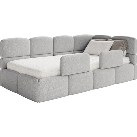 Selsey Cloudy – Kinderbett 120x200, Kopfteil rechts, Matratze & Bettkasten, Bouclé Hellgrau