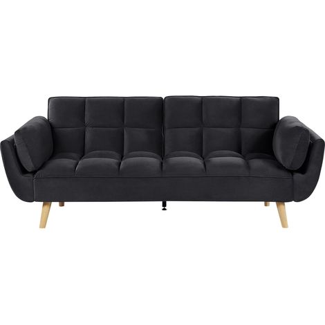 Divano Letto in Velluto Nero 3 Posti Gambe in Legno Imbottito in Schiuma Asby (1/5)