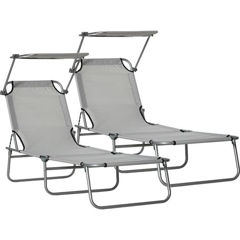 Outsunny set de 2 tumbonas plegables de jardín exterior reclinables con toldo desmontable con ángulo regulable y respaldo ajustable en 4 niveles gris