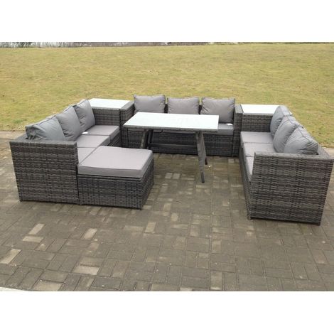 Fimous 10 Seater U Shape Rattan Sofa Set Outdoor Garden Furniture Patio Dining Table Dark Grey Mixed (1/2)