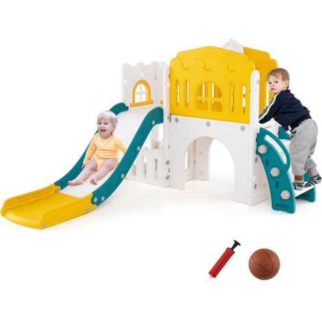 COSTWAY Scivolo per Bambini 9 in 1, Set da Gioco con Canestro da Basket, Telescopio, Volante, Corridoio, Tunnel e Spazio di Archiviazione, Scivolo da Interno ed Esterno per 1+ Anni (Giallo+Verde) (1/5)
