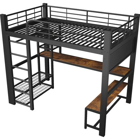 Letto a soppalco 140 x 200 cm in metallo nero con scrivania, ripiani e LED (1/5)