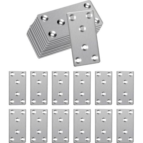 Lot de 12 plaques perforées en acier inoxydable argenté 80 x 40 mm – Universel comme connecteur plat pour supports muraux, supports à lattes, connexions de tuiles de toit et réparations de poteaux de (1/5)