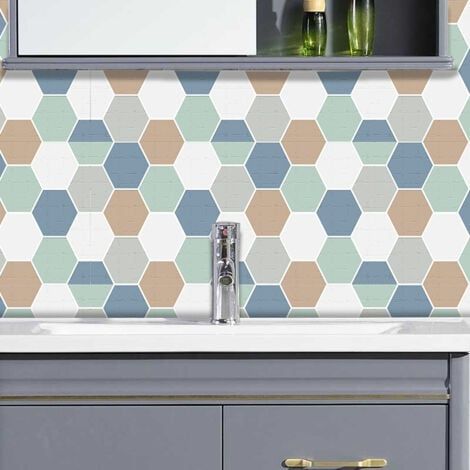 6 pièces carreaux hexagonaux bleus et verts (20 x 20 cm) - Autocollants pour cuisine, salon, salle de bain et décoration intérieure PVC (1/5)