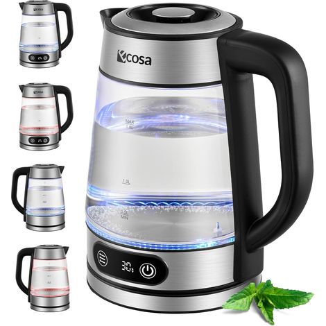 Bouilloire en verre 1,8 l 2200 W Acier inoxydable Température variable Sans BPA Chauffage maintenu Éclairage LED (1/5)