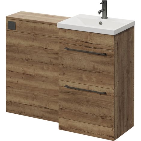 Napoli 390 Cento Tobacco Oak 1100mm 2 Drawer Vanity Unit Toilet Suite with Glide Basin - 1100mm - Gunmetal Grey 320mm HandleWithout Kingston Toilet Pan
