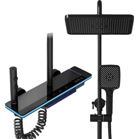 Sistema de grifería para ducha, pantalla digital, instalación ajustable, color negro. (1/2)