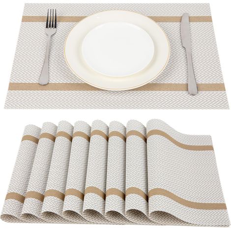 Set mit 8 hitzebeständigen Kunststoff-Tischsets, Vinyl-Tischsets waschbar 45 cm  30 cm, weiß