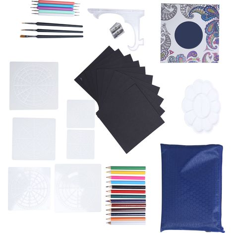 Kit de peinture DIY avec pochoirs ajourés, outils de pointillage mandala et pochette de rangement bleue, idéal pour les loisirs créatifs. (1/5)