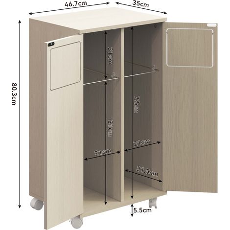 Armoire à déchets roulante 2 compartiments en MDF aspect bois clair, 46,7 x 35 x 80 cm, avec portes à ouverture 180° (1/5)