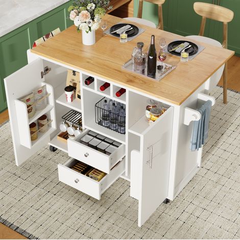 Isla de cocina 137,9 x 73 x 92,2 cm blanca con tablero abatible, ruedas y gran almacenaje (1/5)