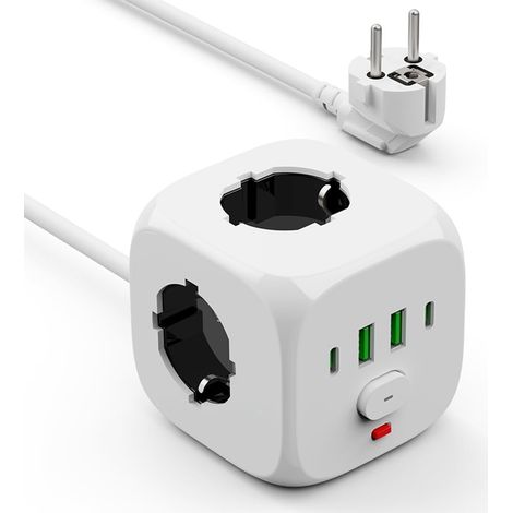 Multiprise Cube avec USB,Cube de Prise avec USB C,Prise avec Interrupteur  Bloc Multiprise 3 Prises avec 4 USB,Protection Contre Les Surcharges,Prise de Courant pour Maison Bureau Voyage,Blanc (1/5)