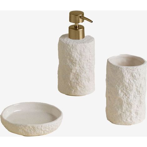 Ensemble d'accessoires de salle de bain en grès – Set de 3 pièces : distributeur, gobelet, porte-savon – Surface rugueuse – Design méditerranéen (1/5)