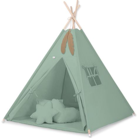 Kinder-Tipi-Zelt + Matte + Kissen + Federanhänger - Salbei (1/5)