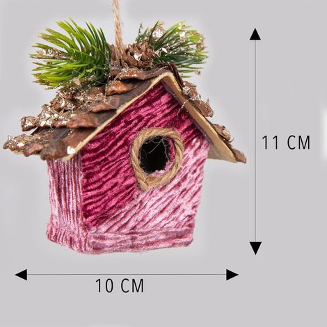 10x11cm Pink Burgundy Birdhouse Hanging Decoration Set, 3 Pack Fairy Tale Tree Ornaments (1/5)
