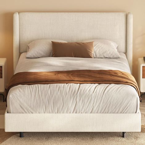 Cadre 140×200 cm avec Tête de Lit Tissu Gris Beige, Cadre à Lattes, Double Moderne, Scandinave, Chambre Contemporaine, Mobilier Salon, Design Minimaliste (Hors Matelas) (1/5)