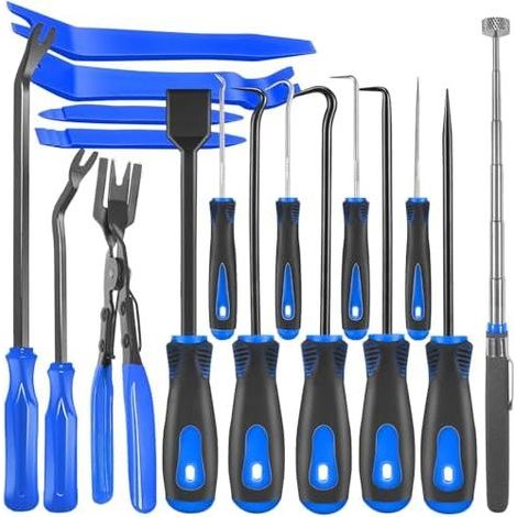 Lot de 17 outils retrait garnitures voiture, pince à clip, grattoir joint, outil ramassage magnétique télescopique pour réparation automobile et fixation panneau - (1/5)