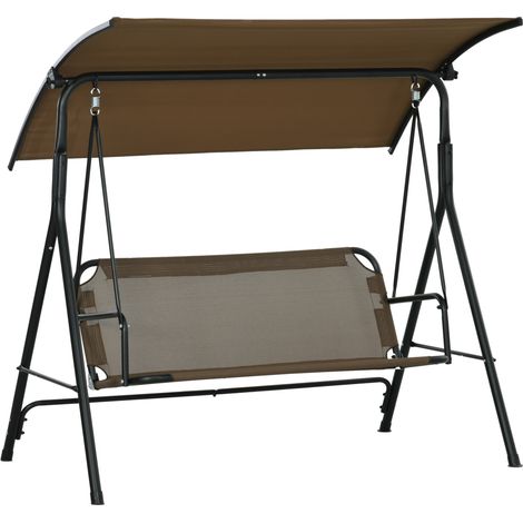 Dondolo da Giardino 3 Posti con Copertura Regolabile, in Acciaio e Poliestere, 172x110x153 cm, Marrone e Grigio