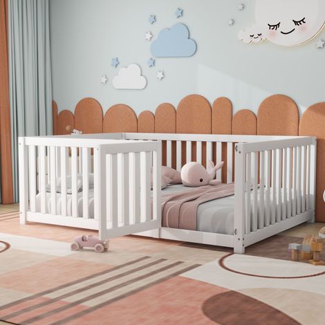 Lit pour enfants 140 x 200,cadre de lit au sol en bois avec clôture et porte,blanc