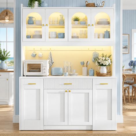 Meuble de cuisine haut 120 cm avec LED RGB, vitrines en verre, tiroirs, blanc DESVIAE (1/5)