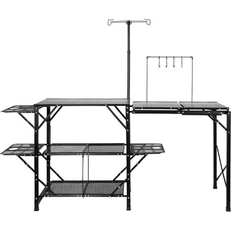 Table de Camping Pliante avec Évier Amovible, 3 Tables Latérales, 2 Étagères, Aluminium Léger, Sac de Transport Inclus, pour Pique-nique, BBQ et Plein Air (1/5)