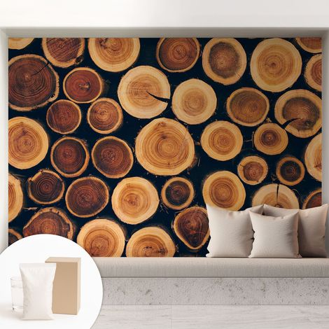 Papier peint intissé mural avec colle pour salon et chambre Décoration murale rapide - Colle incluse gratuite Cercles de bois 208x146 cm (1/5)