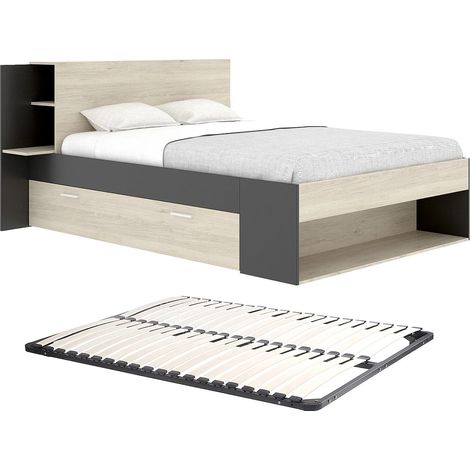 Letto 140 x 190 cm Con vani portaoggetti Naturale e Nero + Rete - KEROSIA (1/5)