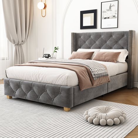 Luxury Upholstered Single Bed with Slatted Frame & Elegant Headboard – Button & Rivet Detailing, Solid Wooden Legs, Soft Velvet Fabric, Grey 90 x 190cm