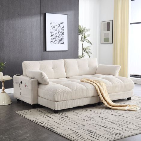 Canapé 2 places beige en tissu cord, convertible en 2 fauteuils, avec 2 coussins, 4 porte-gobelets, 4 poches latérales, ports USB sur accoudoirs, pour salon, chambre et bureau. (1/5)