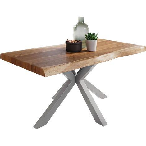 Esstisch Baumkante massiv Akazie natur 120 x 80 Spider-Gestell silber ATLAS (1/5)