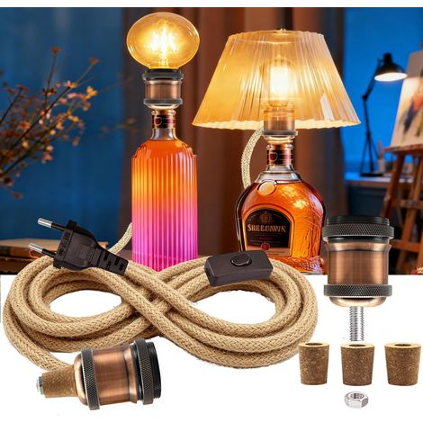 Bottle Lamp Kit, E26 Red Copper Bottle Lamp Adapter, Bottle Lamp Holder with 240 cm Hemp Rope Cable, Ceramic E27 Socket, 3 Sizes of Caps, No Bulb, Lampshade (1/5)