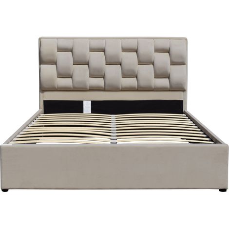 4ft6 Plush Velvet Ottoman Bedframe with Weaved Headbord in Cream