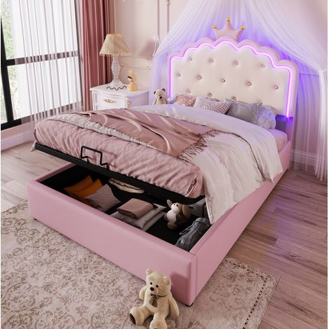 MEUBLIV Cama 140x200 cm rosa – cabecero corona, LED y almacenaje hidráulico, sin colchón (1/5)