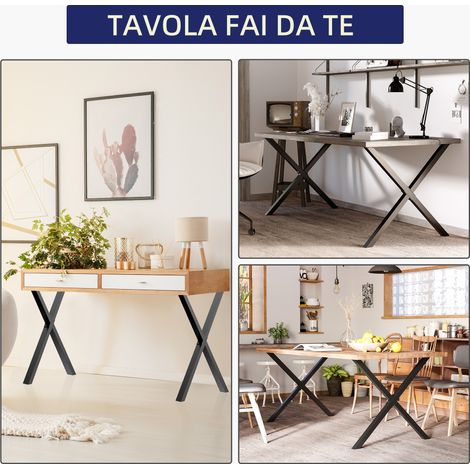 Lot de 2 pieds de table en X, acier noir 80x4x72 cm, visserie fournie (16 pièces) et trous préforés. (1/5)