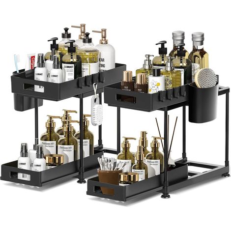 Étagère coulissante double pour évier - Métal noir, rangement sous évier gain de place, design antidérapant moderne pour cuisine organisée et pratique